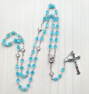 Blauwe Opaal Rozenkrans Ketting Lange Metalen Katholieke Gebed Sieraden Voor Mannen Vrouwen2515763