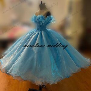 Blue Organza Short Prom Dress Off The Shoulder Princessa Quinceanera Jurk Pageant Partyjurken Custom