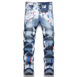 Peinture bleue Splash encre jean homme décontracté ample Stretch coton Denim pantalon printemps automne haute rue pantalons Ropa