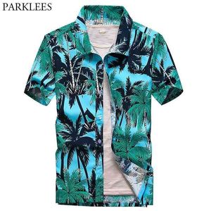 Blauwe palmboom gedrukt Hawaiiaanse shirt mannen zomer korte mouw strand Aloha Party Casual Shirts Mens Holiday Vakantie Chemise 210522
