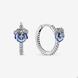 Blue Pansy Flower Hoop Boucles d'oreilles pour Pandora Authentique Boucles d'oreilles de mariage en argent sterling Ensemble de bijoux de créateurs pour femmes Boucles d'oreilles en cristal de diamant avec boîte d'origine