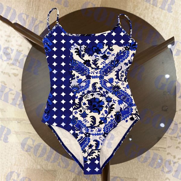 Maillot de bain motif bleu maillot de bain une pièce jacquard femmes fronde bikini sexy dos nu maillot de bain