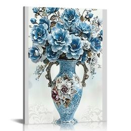 Blue Peacock Canvas Mur Art élégant Bouquet de fleurs Vase Vase Giclee Oeuvre pour le salon