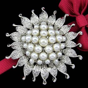 Blue Pearl Flower Broche Pins Silver Polated Sunflower Broches Corsage sjaalclips voor vrouwen bruiloft sieraden kerstcadeau Drop Ship