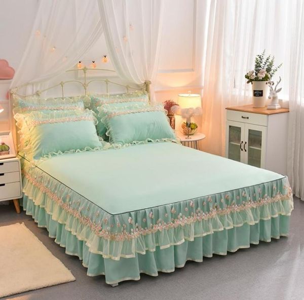 Falda de cama de encaje azul, rosa y Beige, textiles para el hogar, colcha de princesa sólida, fundas de almohada, Sábana bajera coreana 151820, Funda de colchón 8448435