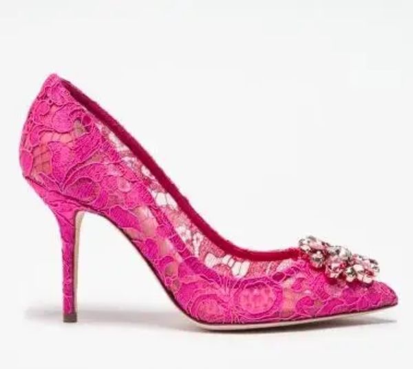 Escarpins à bout pointu en dentelle et cristal pour femmes, chaussures Sexy à talons hauts fins de 6 à 9 CM, bleu rose, livraison directe