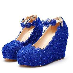 Blue Pink Lace Wedding Bruid schoenen Wedge Heel Single Lady Shoes with Ankle Bears Platform Women Pumps Party Prom High Heel Maat 10