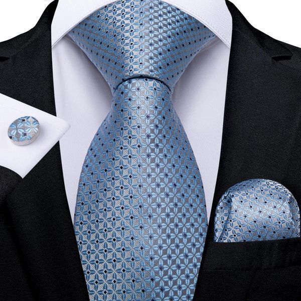 Corbatas de seda con puntos a cuadros azules para hombre, accesorios de boda sólidos, corbata, pañuelo, gemelos, conjunto de Gravatas para hombre