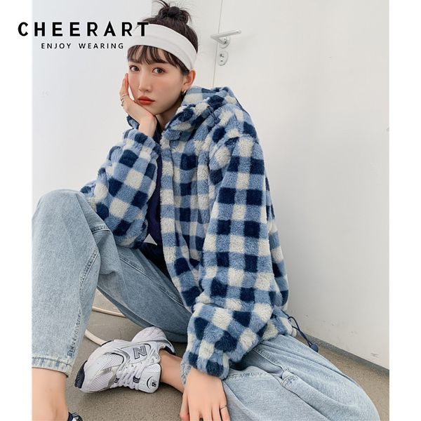 Bleu Plaid Faux Manteau De Fourrure Femmes Hiver Teddy ry Capuche Veste Zipper Up Polaire Chaud Outwear Coréen 210427