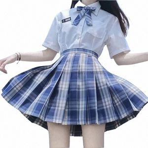 Bleu Plaid JK Sweet Uniforme japonais Deux pièces Jupe plissée Hipster Uniformes Estudiantes Uniforme scolaire Vêtements pour femmes A4Pz #