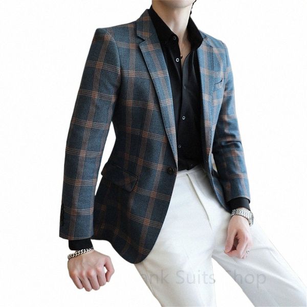 Costume à carreaux bleu Fi 2024 Spring Warm Busin Blazer Prom Party 1 pièce Veste de smoking uniquement pour le dîner de fête de mariage S5wp #