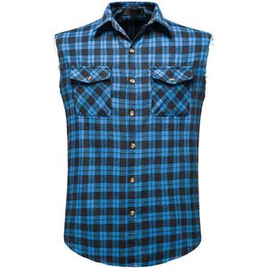 Camisas a cuadros azules para hombre, camisa informal sin mangas de marca de verano para hombre, Camisas con bolsillo de vaquero doble, chaleco transpirable de gran tamaño 210524
