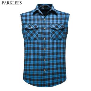 Blue Plaid Sans manchettes Hommes Double Pocket Pocket Cowboy Style Down Down S Mens Cotton Flannel Casual Beach Party 2xl 210721