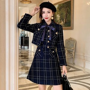 Veste courte en laine de tweed à carreaux bleus + robe de gilet sans manches costume d'hiver veste de poche pour femmes ensemble dames robe 2 pièces 210223