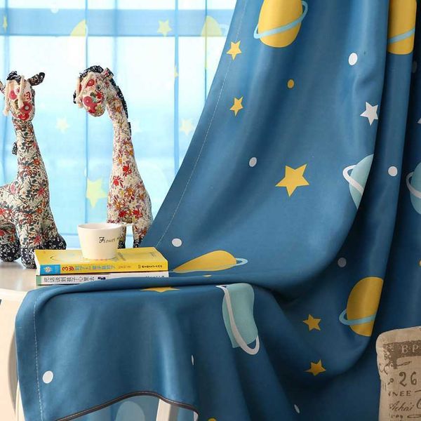 Cortina con estampado de planeta azul para habitación de niños, niños, hijos, guardería, jardín de infantes, cortinas de ventana francesas simples modernas wp355C 210712