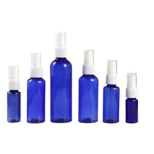 Bouteilles de pulvérisation en plastique bleu Pompe de presse d'atomiseur blanc Couvercle transparent Conteneurs d'emballage cosmétique PET Bouteille rechargeable 10 ml 15 ml 20 ml 30 ml 50 ml 100 ml