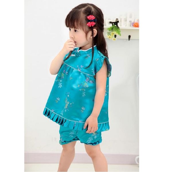 Blue Plum Blossom Fashion Baby Girl Robe Jumper Enfant Qipao Set Chinois Spring Festival Costume Enfants Cheongsam Cadeau de naissance 210413