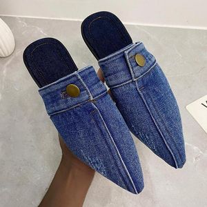 Blue pointues pantoufles denim Toe Outdoor Slides Mules Slip on Flats Simple Women Chaussures Zapatillas Mujer Ytmtloy Indoor