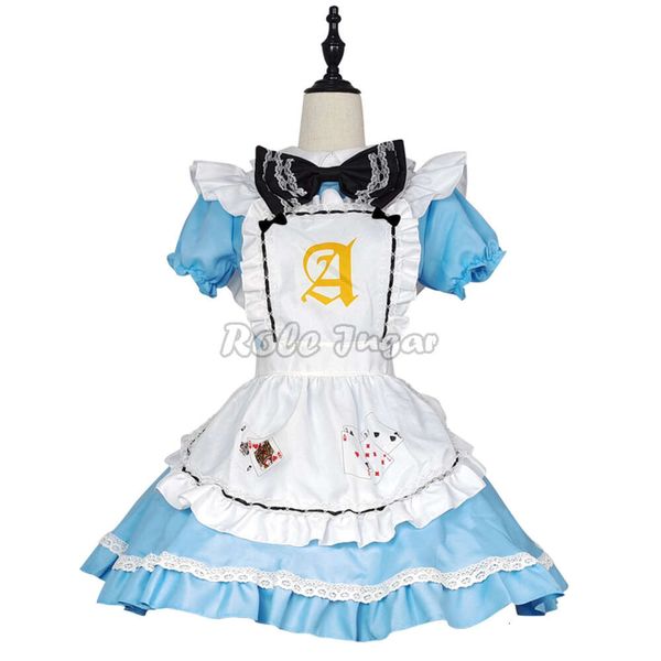 Costume de Cosplay de demoiselle d'honneur imprimé Poker bleu, robe Alice pour filles, Anime Halloween, couvre-chef + tablier, costumes pour jeu de rôle