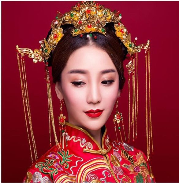 Bleu princesse mariée robe de mariée spectacle chinois rétro robe robe dragon cheveux Coronet Wo costume costume chapeaux accessoires3008855