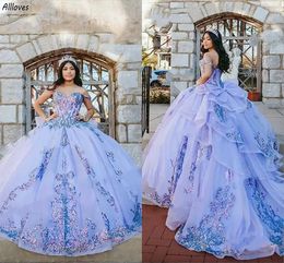 Blue Princess Light Ball Jurk Quinceanera jurken glanzende lovertjes kanten applicques sexy off schouder prom optocht jurken formeel plus size meisjes zoete 16 jurk s s