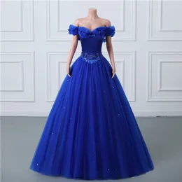 Blauw Prinses Koninklijk Baljurk Avond Schoolfeest Elegant Schouderafhangend Kralen Pailletten Ruches Tule Lange Feestjurken Korset Rug Zoet Quinceanera Jurken S