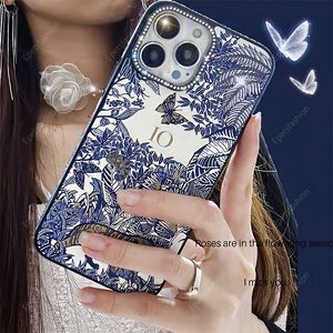 Diseño de impresión azul con diamantes como adornos para el lujoso y moderno paquete completo Anti Drop iPhone Case para Apple 15Pro Max 12 13 14 Pro Max