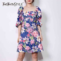 Vestido vintage floral con estampado azul para mujer Cuello cuadrado Puff Media manga Cintura alta Mini vestidos Mujer Verano 210520