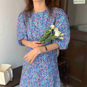 Blauw gedrukte chiffon dunne toevallige bloemen chique dame korte mouwen zomer femme losse lange sundress vestidos 210525