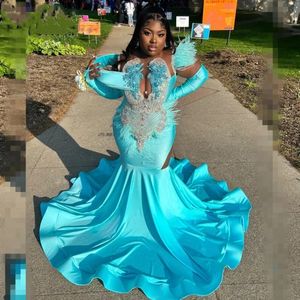 Robes de bal bleu pour filles noires Sirène satin diamant avec plumes robes de fête d'anniversaire vestidos de fiesta