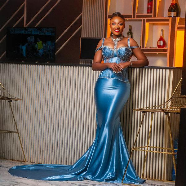 Robes de bal bleues longue robe de soirée élégante sirène col haut strass perlée robe formelle Illusion robes de fête d'anniversaire africaine deuxième robe de réception NL548
