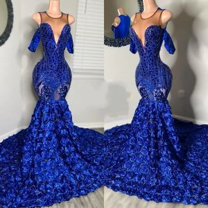 Blue Prom Dresses Royal For Black Girls 2024 Crystal Pargin Mermaid Party Jurken Korte mouwen avondjurk Vestidos de festa