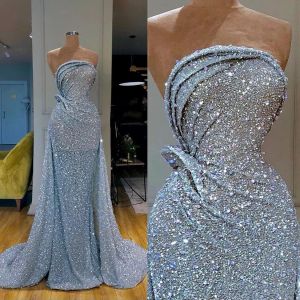 Blue Prom Light -jurken Sparkly pailletten Mouwloze op maat gemaakte plooien kralen avondjurk formele ocn slijtage Vestidos plus maat