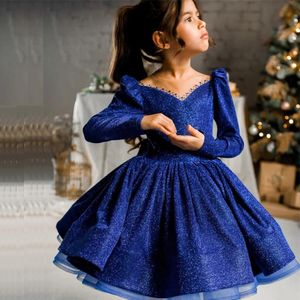 Blue Puffy Flower Girl Dress Parels Parels Beadings Nek Mini Kids Verjaardagsfeestje Gojed Glitter Een lijn baby Baby Prom -jurken