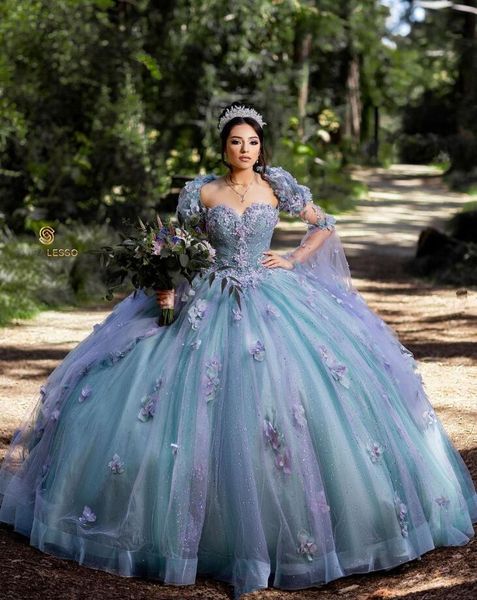 Blue Purple Sparkly Princess Quinceanera Robes avec Cape Floral Cape Gillter Sweetheart Vestidos de 15 Anos Quinceaneras 2024