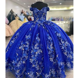 Robes de Quinceanera bleues robe de bal 3D Appliques florales dentelle sans manches épaules dénudées fleurs faites à la main douce 15 fête