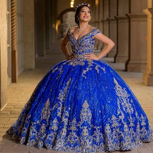 Blauw Quinceanera Jurken Voor 16 Meisje V-hals Goud Applicaties Kant Kralen Prinses Baljurken Verjaardag Prom Dress vestidos 15 de Aons
