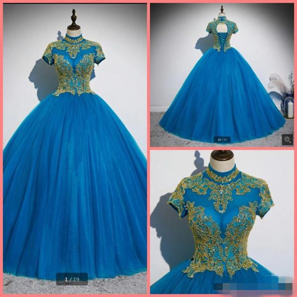 Vestidos azules de quinceanera Aplicamiento de encaje de cuello alto Tul mangas cortas Longitud de piso personalizado Sweet 16 Birthday Party Ball Ball Ball