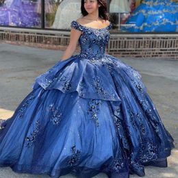 Blauwe quinceanera -jurken Ruches kralen kant -applique korset achter schep halslijn op maat gemaakte zoete prinses verjaardagsfeestje bal jurk vestidos