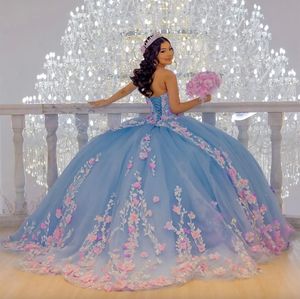 Blue Quinceanera jurken lieverd kanten applique bloemen zoet 16 jurk meisje prom feestjurken vestidos de 15 anos