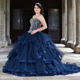Blue Quinceanera Robes de la marine Sweetheart Perles Crystal Ruffles Jirt Prom Robe Robe Soire Vestidos de 15 Anos