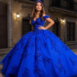 Blue Quinceanera koninklijke jurken voor zoete 15 -jarige prom -jurken van de schouder lovertjes 3D Flower Birthday Party Dress