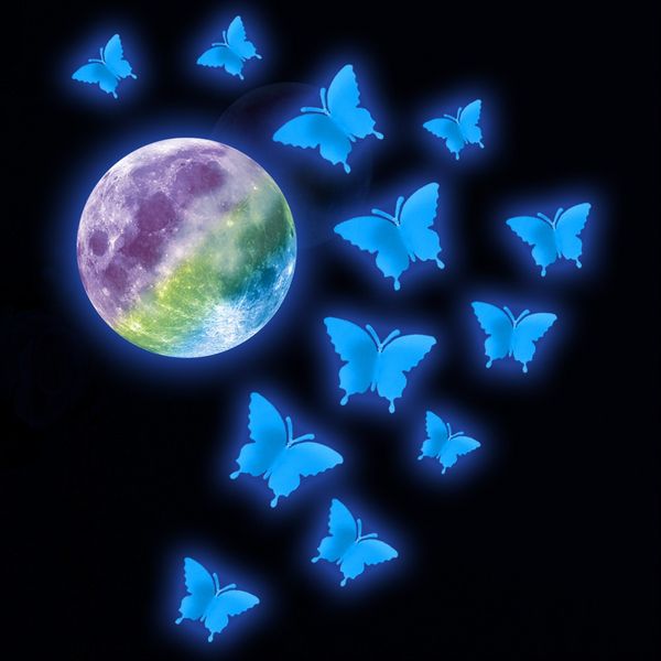 Blue Ray 3D Papillon Lumineux Stickers Muraux Pour Enfants Chambres Décor À La Maison Stickers Fluorescent Rainbow Moon Glow In The Dark Autocollants