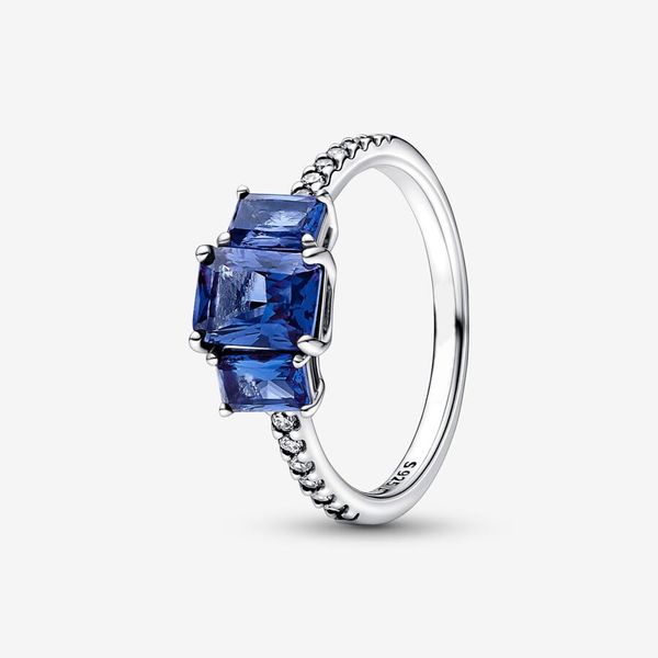 Bague scintillante rectangulaire bleue à trois pierres pour femmes bagues de mariage mode fiançailles 925 accessoires de bijoux en argent Sterling