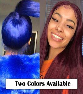 Pelucas de cabello humano coloreadas rectas con frente de encaje azul rojo 13x6 densidad 99J 180 transparente9297872