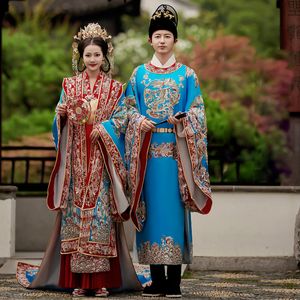 Blauw Rood Oude China Hanfu Ming-dynastie Trouwjurk Paar Set voor Overzeese Chinese Ceremonie Charmante Bruid Bruidegom Kostuum