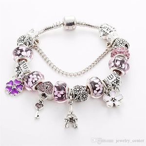 Blauw Rood Roze Murano Glas Bedels Kralen Armband voor Pandora 925 Verzilverd Charm Eiffeltoren Hanger Armband Bangle270e