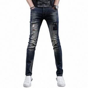Blauw Gescheurd Borduren Patchwork Jeans Voor Heren Casual Slim Fit Broek Met Rechte Pijpen Streetwear Stretch Denim Broek CP2190 d5BH #