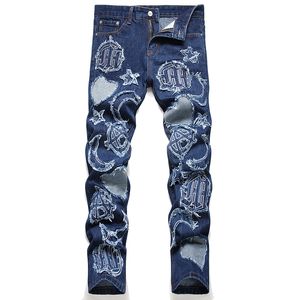 Blue Ripped Hole Hommes Jeans Style Punk Brodé Pantalon Droit Lâche Casual Mode Cowboy Denim Pantalon
