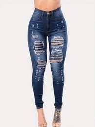 Blauwe gescheurde gaten skinny jeans verontruste hoge taille slim fit schuine zakken denim broek dames denim jeans kleding 240124